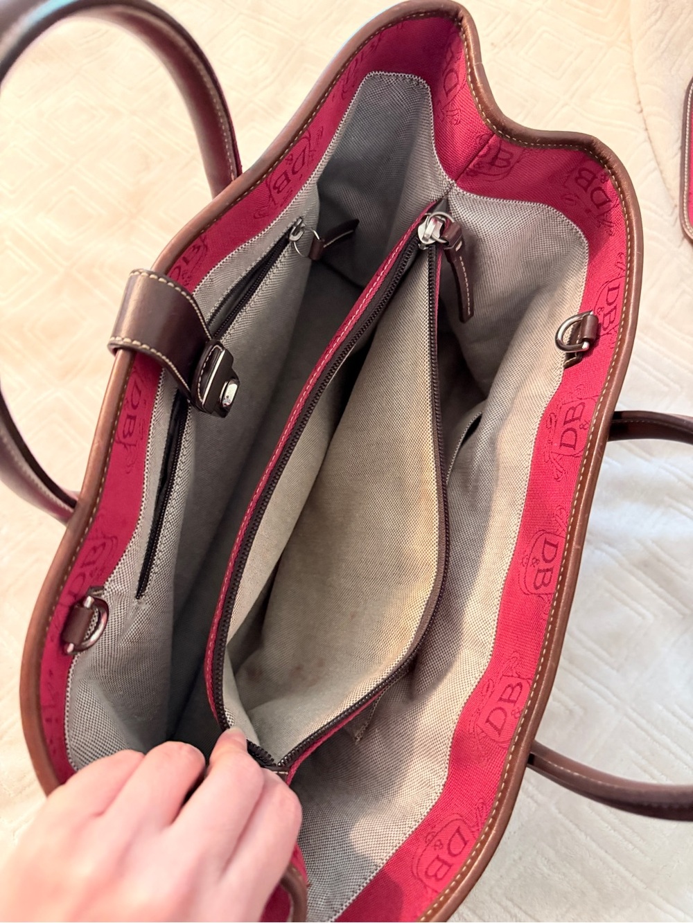 Dooney & Bourke Red Tote with Brown Leather Trim and Pouch - Picture 11 of 11